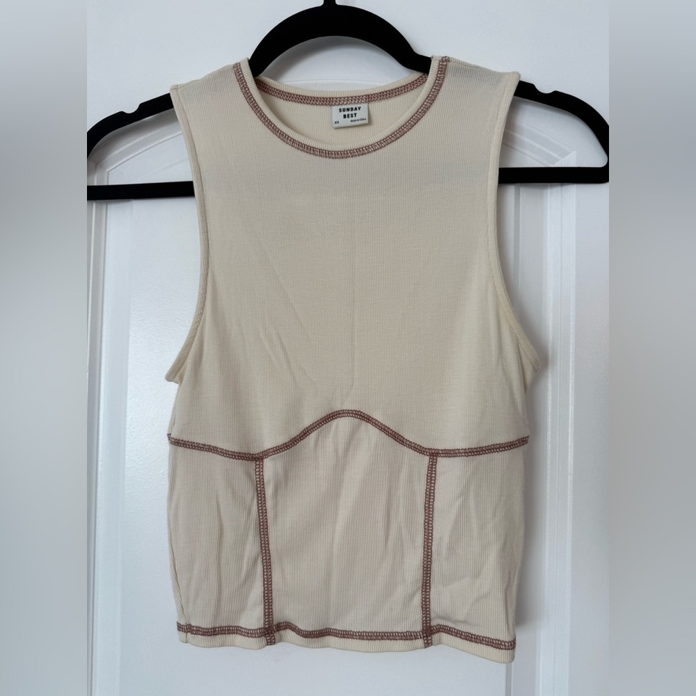 Sunday Best Beige Tank Top with Brown Stitching